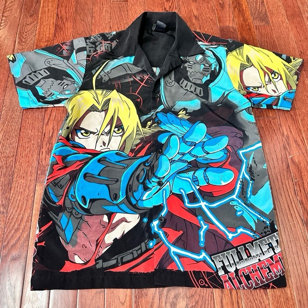 Vintage Full Metal Alchemist Vibrant‎ Short Sleeve Button Up Shirt Size Small